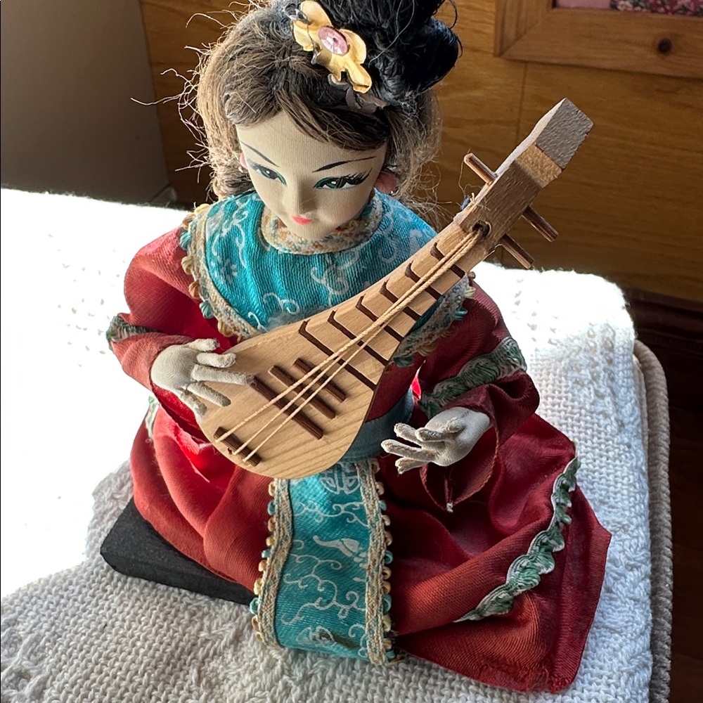 Vintage Style Asian Doll in Red and Teal with Musical Lute